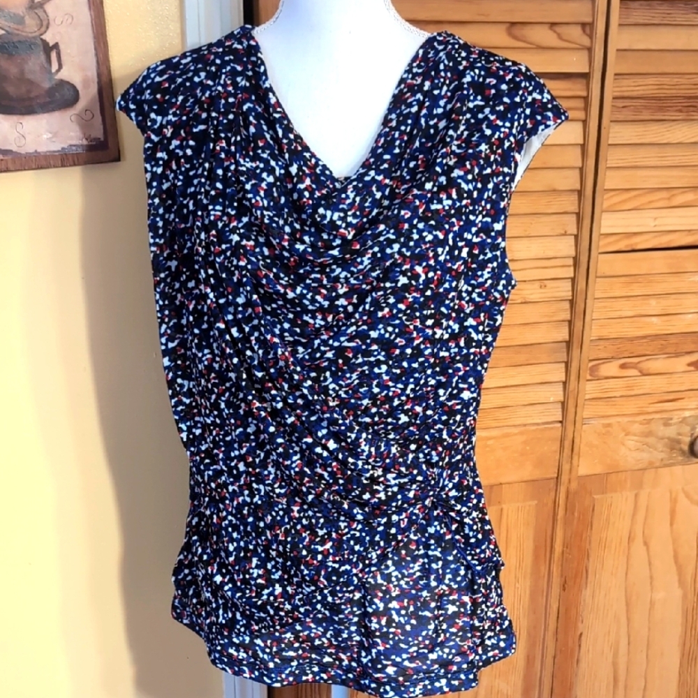 RELATIVITY Blue Print Sleeveless Draped Top 1X Very Slimming!